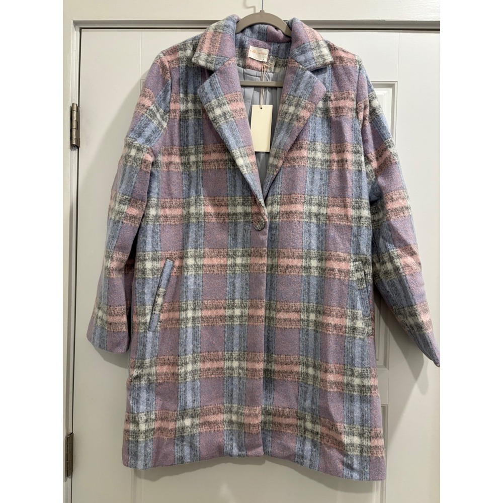 Allie Rose Womens Pastel Plaid Single Button Overcoat Jacket Blue Pink Large NEW